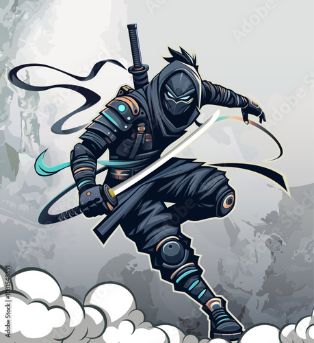Hand drawn ninja warrior illustration poster
