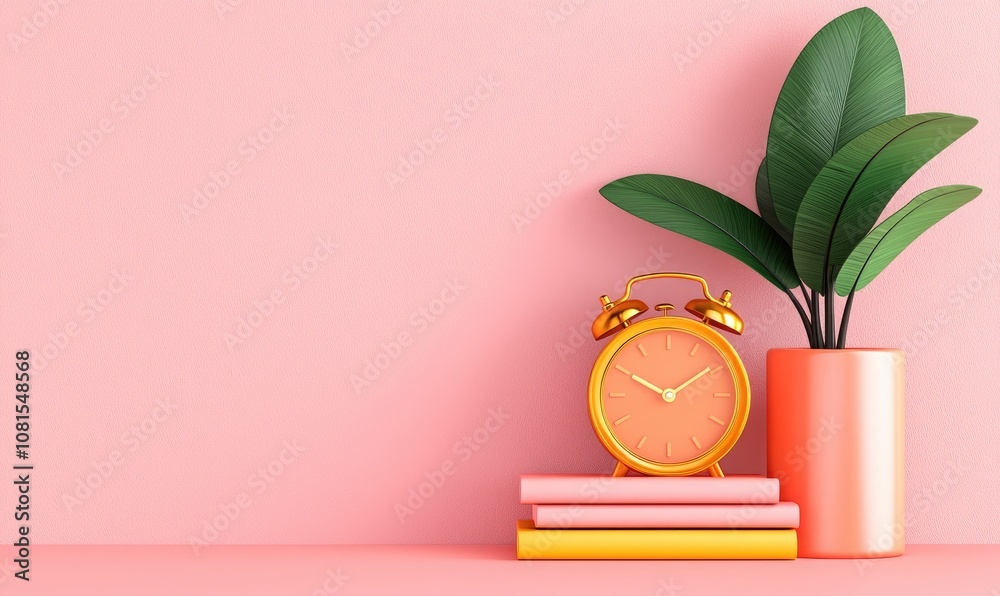 A cozy and stylish corner featuring a pink background, alarm clock, stacked books, and a potted green plant. A cozy and stylish corner featuring a pink background, alarm clock, stacked books, and a potted green plant.