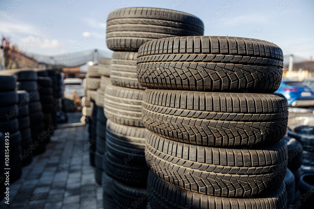 Selective focus on tires on piles at car workshop. Selective focus on tires on piles at car workshop.