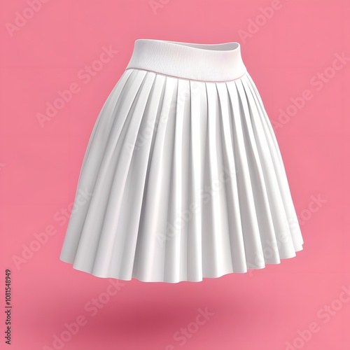 A white pleated skirt displayed against a pink background, emphasizing fashion design.