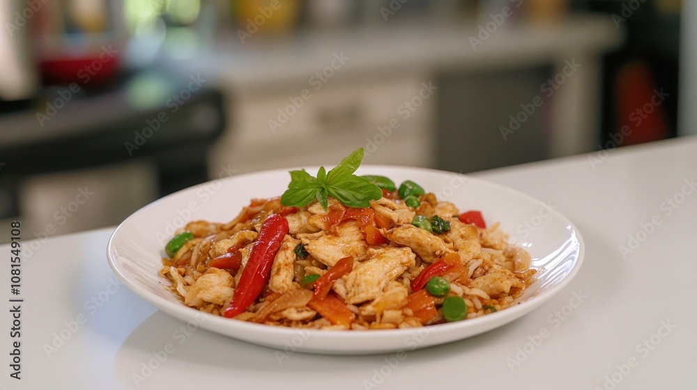 A plate of colorful chicken stir-fry with vegetables, garnished with a mint leaf. A plate of colorful chicken stir-fry with vegetables, garnished with a mint leaf.