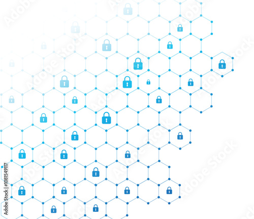 Global Network Security Pattern With Padlock and Hexagon technology Isolated on White background. Cyber ​​Security Technology Background. Concept of Data Protection and Internet Security. 