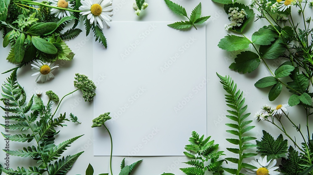 Fresh Green Plant Arrangement with White Blank Space for Text or Design, Surrounded by Varied Leaves and Flowers on a Light Background Fresh Green Plant Arrangement with White Blank Space for Text or Design, Surrounded by Varied Leaves and Flowers on a Light Background