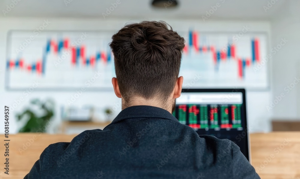 A professional man analyzing stock market trends on a computer in a modern office setting, focused on data visualization. A professional man analyzing stock market trends on a computer in a modern office setting, focused on data visualization.
