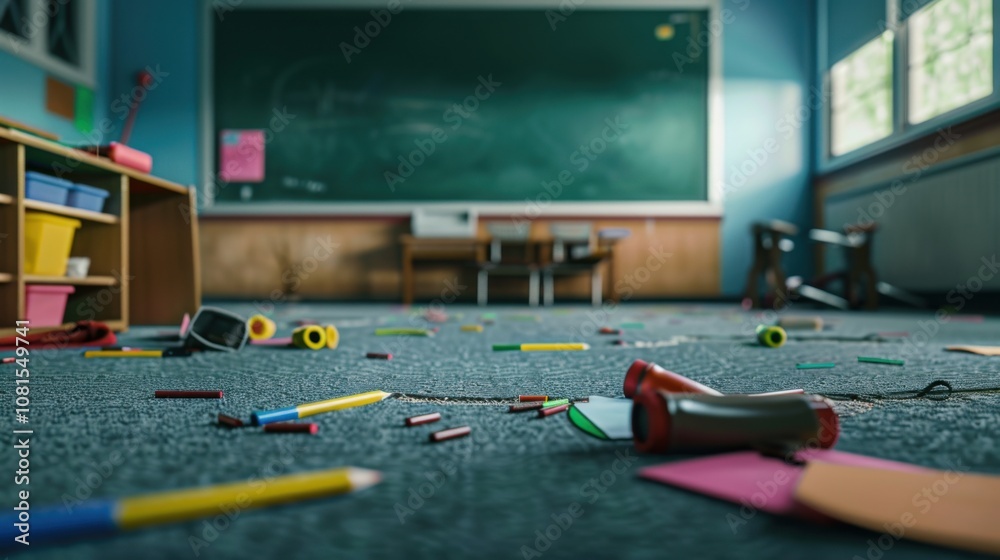 Fototapeta premium An empty classroom with scattered school supplies, highlighting the issue of education inequality, minimalist style