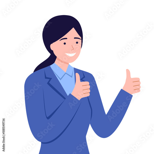 Happy smiling businesswoman shows thumbs up. Gesture, symbol or sign Like, cool, agree, approve.