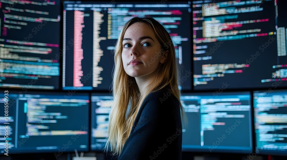 Portrait of a Serious and Focused Female Programmer Working Intently on a Laptop Surrounded by Multiple Screens Displaying Lines of Programming Code and Data Analytics in a Monitoring Room or IT Portrait of a Serious and Focused Female Programmer Working Intently on a Laptop Surrounded by Multiple Screens Displaying Lines of Programming Code and Data Analytics in a Monitoring Room or IT