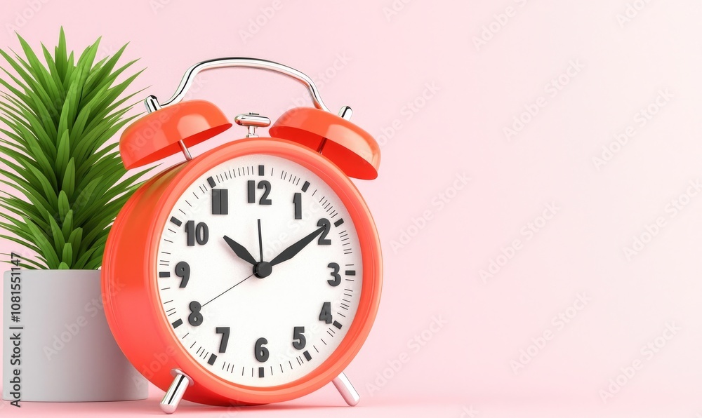 A vibrant red alarm clock sits next to a small green plant, creating a serene and motivational workspace atmosphere. A vibrant red alarm clock sits next to a small green plant, creating a serene and motivational workspace atmosphere.