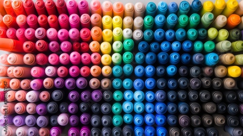 A colorful array of markers arranged in a rainbow pattern.