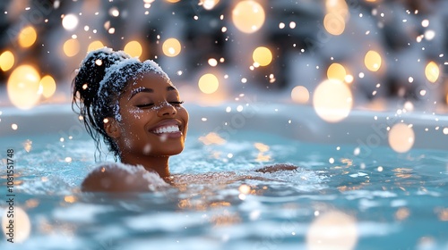 Plus-size Black woman basking in a hot tub, snow falling around her, serene outdoor winter scene, radiant smile, wellness and relaxation