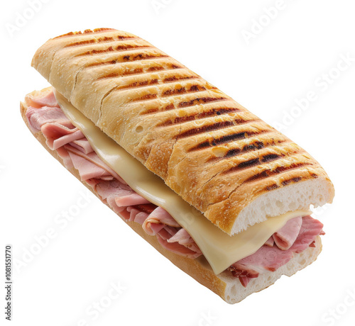 Grilled sandwich with ham and cheese on a white isolated background.