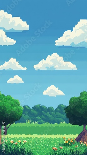 A vibrant pixel art landscape featuring lush trees and a bright blue sky with clouds.