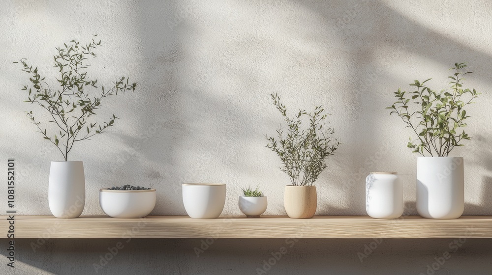 Elegant ceramic vases with plants on a wooden shelf Elegant ceramic vases with plants on a wooden shelf