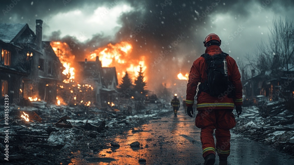 Firefighter walking towards a burning neighborhood amidst destruction. Firefighter walking towards a burning neighborhood amidst destruction.