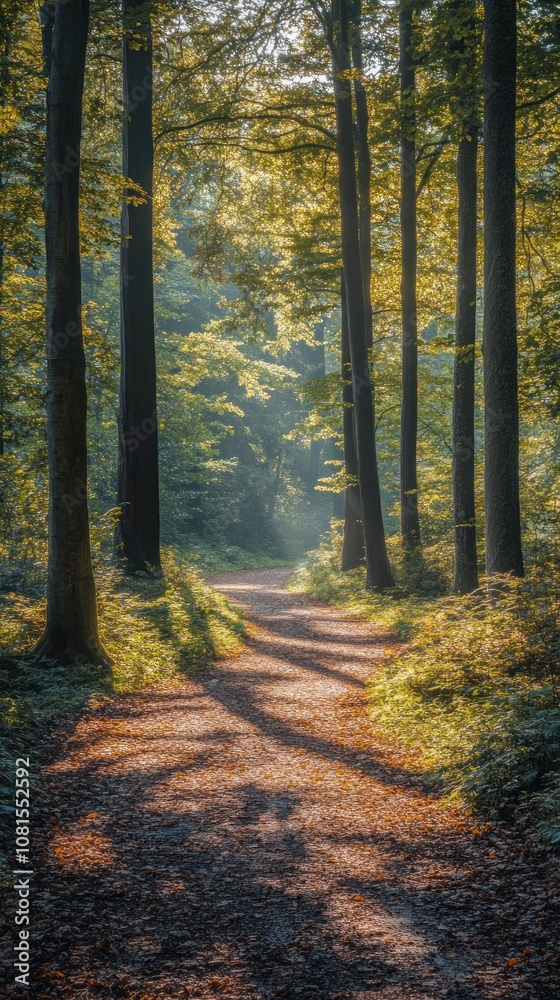 Fototapeta premium A serene forest path illuminated by sunlight, surrounded by tall trees and autumn foliage.