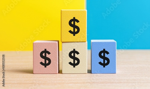 Colorful blocks with dollar signs representing financial growth, savings, and investment concepts in modern business.