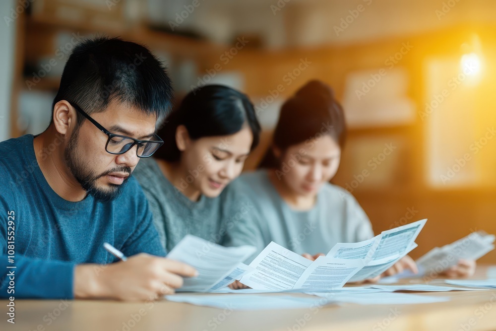 A family gathered around a table reviewing bills warm kitchen light late afternoon glow gentle blur background modern minimalist style A family gathered around a table reviewing bills warm kitchen light late afternoon glow gentle blur background modern minimalist style