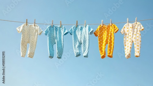 Colorful baby clothes hanging on clothesline against clear sky