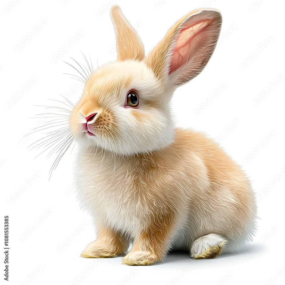 Obraz premium An illustration of a fluffy white rabbit with long ears and a pink nose, sitting upright and looking curiously at the viewer, all against a clean white background.Isolated on a white background.