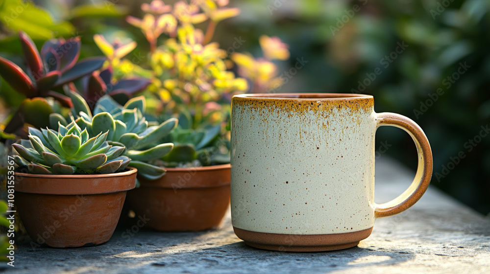 A close-up of a rustic ceramic mug with a speckled glaze, sitting on a wooden table with succulents in the background. The soft natural light creates a warm and inviting atmosphere. A close-up of a rustic ceramic mug with a speckled glaze, sitting on a wooden table with succulents in the background. The soft natural light creates a warm and inviting atmosphere.
