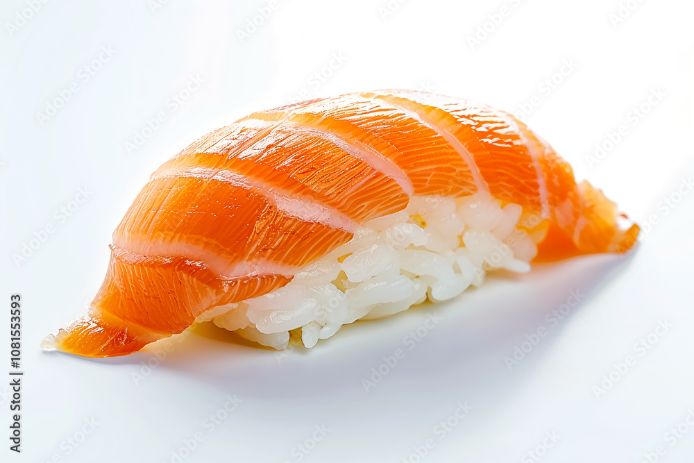Single piece of nigiri sushi featuring fresh salmon slice atop perfectly formed rice ball. Single piece of nigiri sushi featuring fresh salmon slice atop perfectly formed rice ball.