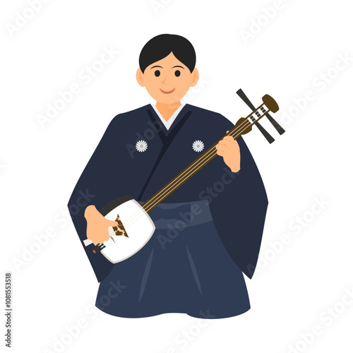 津軽三味線の奏者。フラットなベクターイラスト。
Tsugaru shamisen player. Flat vector illustration.