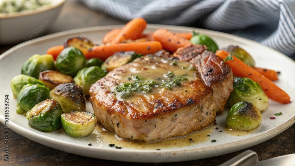 Dramatic Close-Up of Pan-Seared Pork Loin with Vegetables Dramatic Close-Up of Pan-Seared Pork Loin with Vegetables