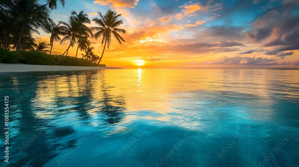 Tranquil tropical sunset over calm ocean with palm trees silhouettes on a small island Tranquil tropical sunset over calm ocean with palm trees silhouettes on a small island