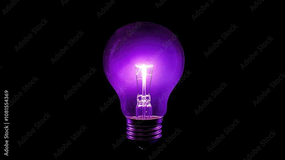 Glowing purple light bulb against black background Glowing purple light bulb against black background