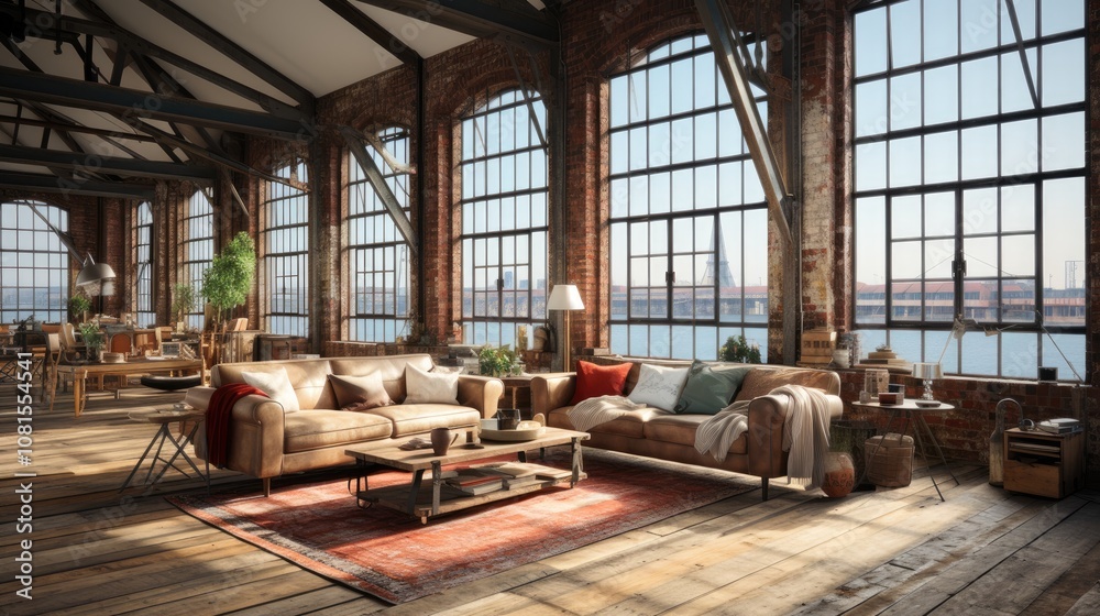 Interior of modern loft with wooden floor and panoramic windows Interior of modern loft with wooden floor and panoramic windows