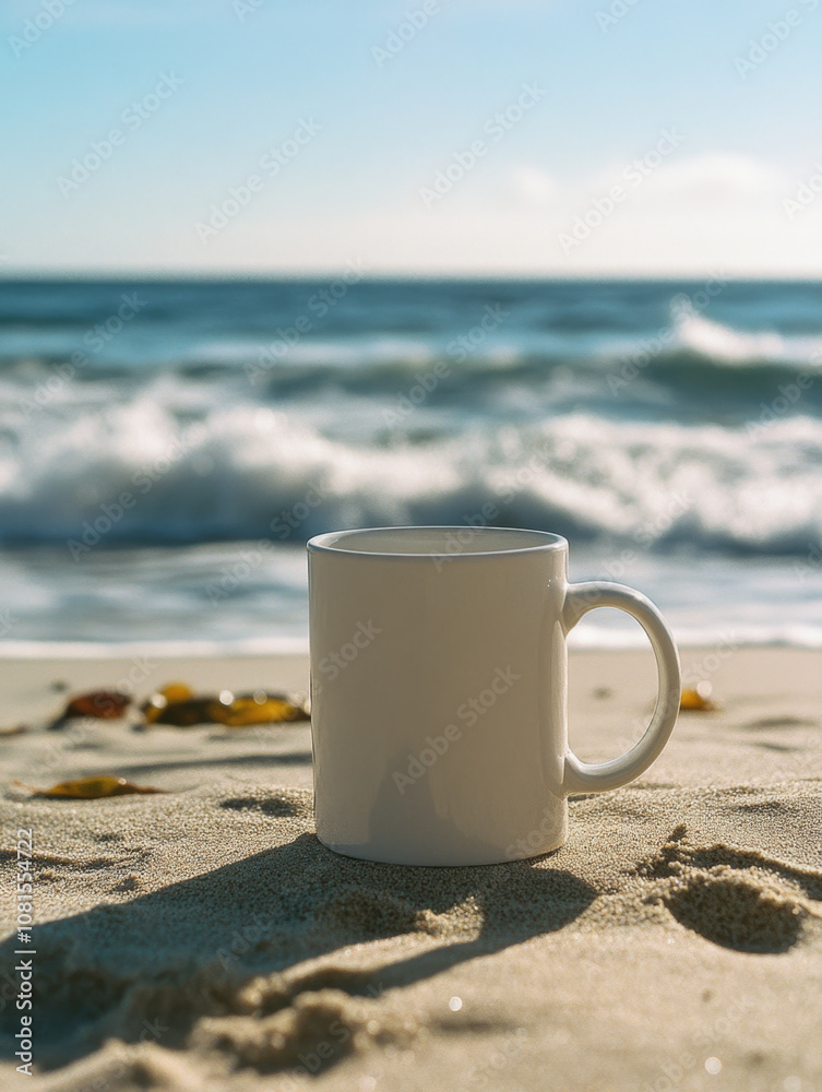 A white mug sits on a sandy beach with the ocean in the background, a perfect moment for a relaxing cup of coffee. A white mug sits on a sandy beach with the ocean in the background, a perfect moment for a relaxing cup of coffee.