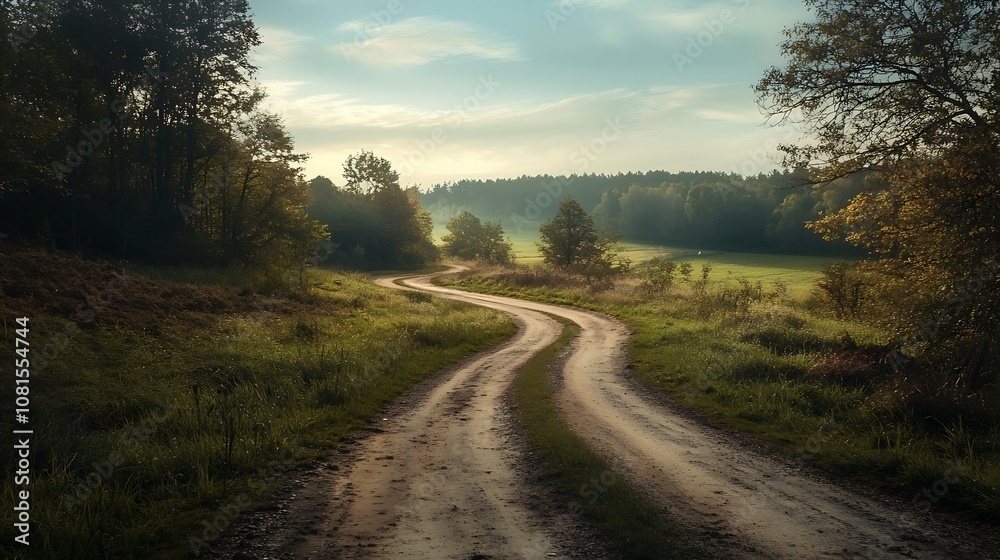 Winding dirt road through green meadow and forest, with soft sunlight and clouds. Winding dirt road through green meadow and forest, with soft sunlight and clouds.
