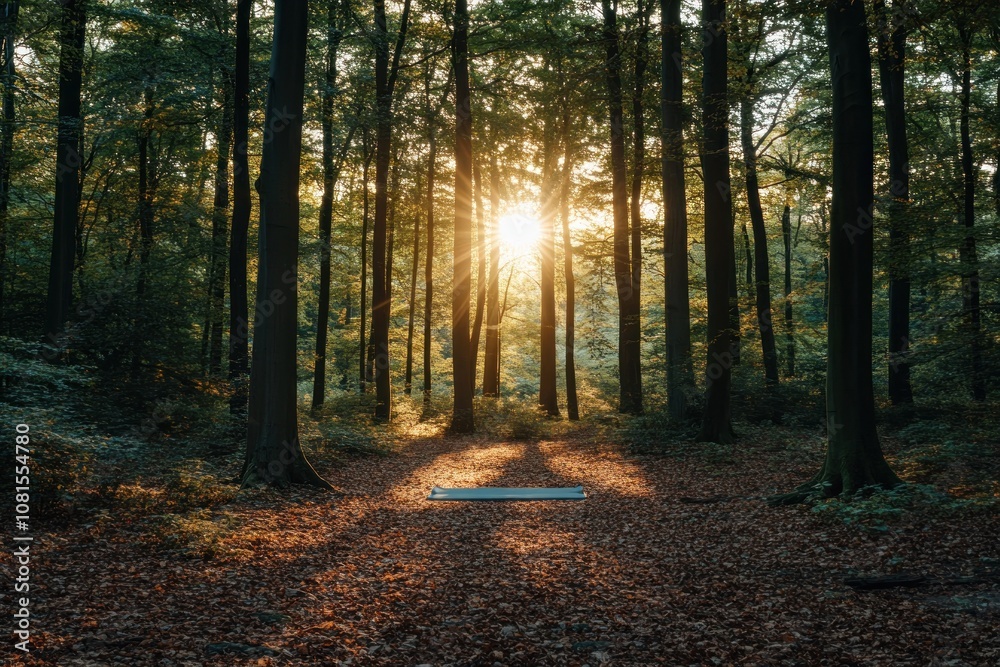 A serene forest scene at sunset, with sun rays filtering through the trees onto the ground.