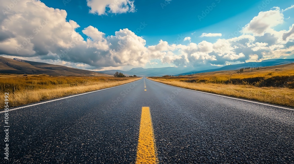 Naklejka premium Straight road leading through a field of yellow grass toward a mountain range under a blue sky with puffy clouds