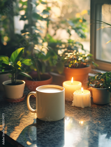 A cozy morning scene with a mug of coffee and burning candles on a windowsill, surrounded by potted plants.