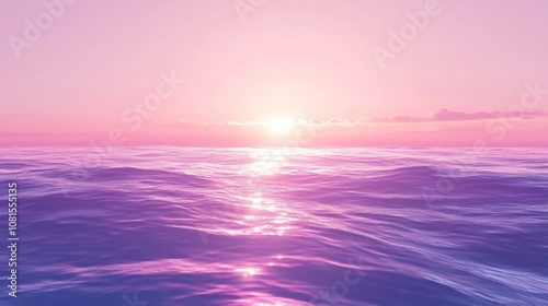 A serene seascape at sunset with the sun peeking through the clouds and reflecting off the calm water.