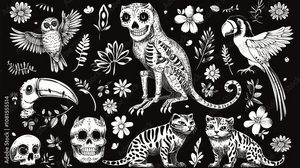 Naklejka premium A collection of hand-drawn animals and flowers in a traditional Mexican style.