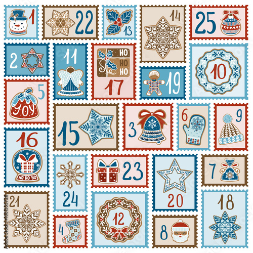 Christmas Advent Calendar, Vector post stamps vintage design elements , Merry Christmas poster