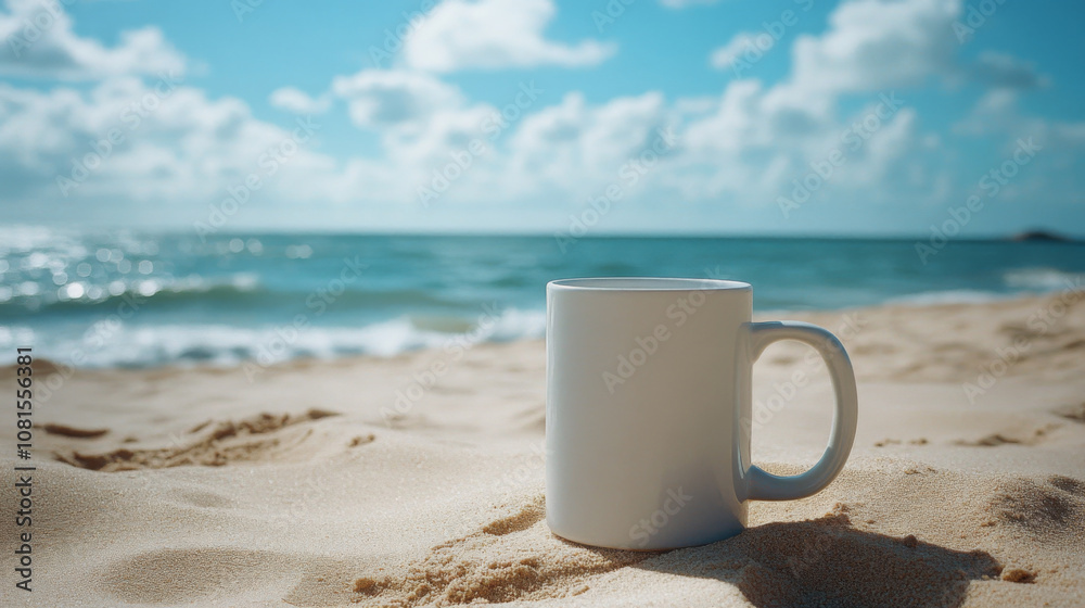 A white mug sits on a sandy beach, with the blue ocean and a bright sky in the background. Enjoy your morning coffee with a view! A white mug sits on a sandy beach, with the blue ocean and a bright sky in the background. Enjoy your morning coffee with a view!