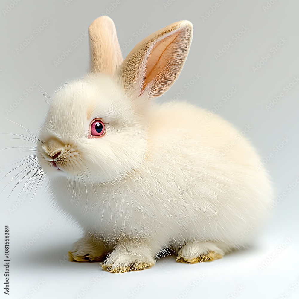 A close up image of a fluffy white rabbit with piercing pink eyes and soft fur, isolated on a clean white background.Isolated on a white background. A close up image of a fluffy white rabbit with piercing pink eyes and soft fur, isolated on a clean white background.Isolated on a white background.