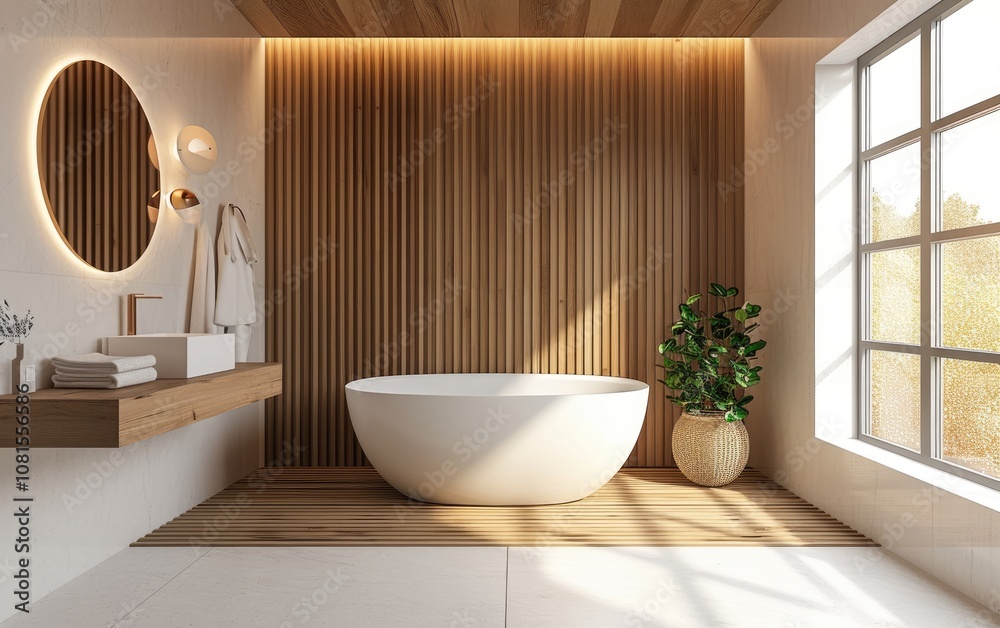 Serene minimalist bathroom with white bathtub near washbasin on hanging counter, wooden floor and panel wall near windows Serene minimalist bathroom with white bathtub near washbasin on hanging counter, wooden floor and panel wall near windows