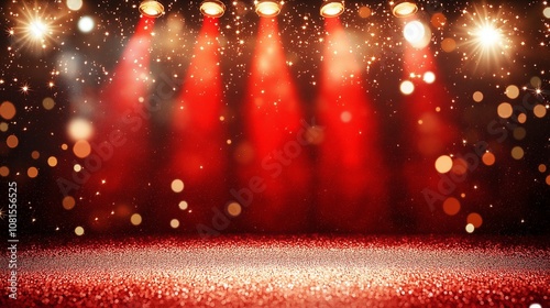 Red and Gold glitter sparkles rays lights bokeh Festive Elegant spotlight on stage abstract background.Dust sparks background. illustration
