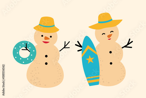 Set of cute holiday sand snowman flat vector.
Beach summer sand snowman cartoon.
Christmas Beach Snowman illustration.