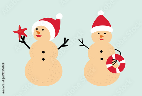 Set of cute holiday sand snowman flat vector.
Beach summer sand snowman cartoon.
Christmas Beach Snowman illustration.