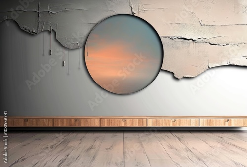 Rustic interior design with round mirror and long wooden cabinet against grunge textured wall