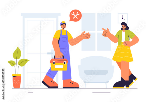 Vector Illustration of a Home Service Team featuring Cleaners, Renovation Workers, and Repairmen Building and Maintaining a House in a Flat Background