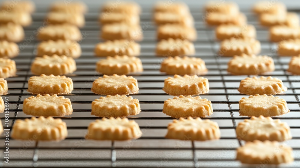 Rows of freshly baked cookies cooling on wire rack Rows of freshly baked cookies cooling on wire rack