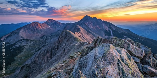 A breathtaking mountain landscape at sunset, showcasing rugged peaks and vibrant skies.