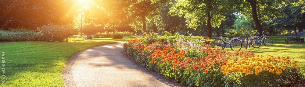Obraz premium A serene park pathway lined with vibrant flowers and bicycles in a sunlit environment.
