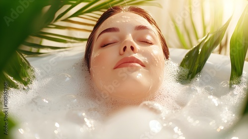 Plus-size brunette woman comfortably submerged in a bubble-filled bathtub, eyes closed, peaceful ambiance with plants and natural light